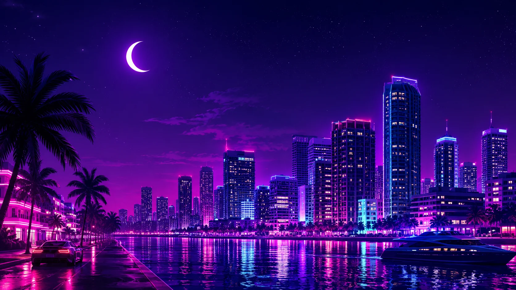 Ciudad costera nocturna con iluminación de neón para análisis de GTA 6