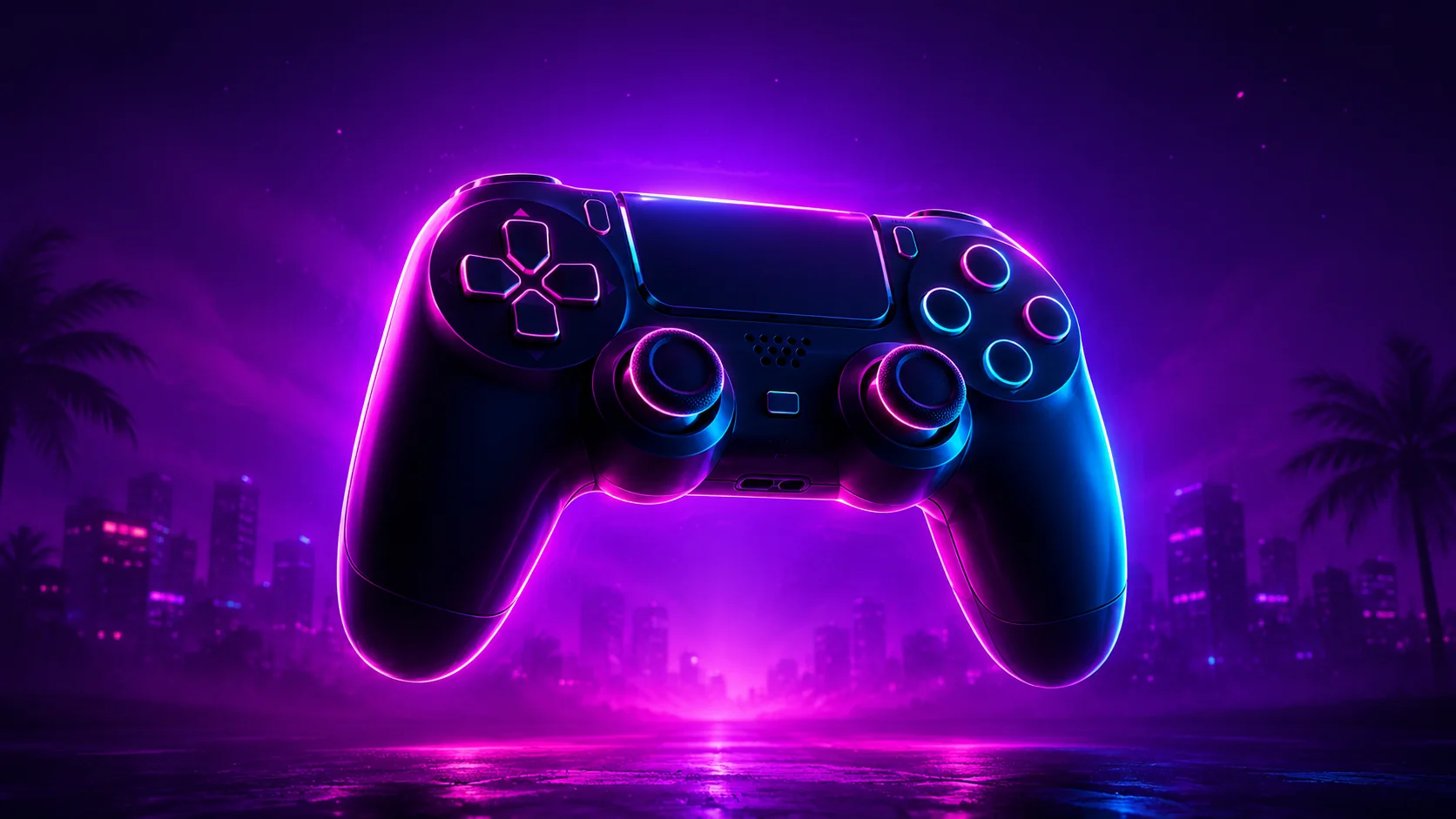 Mando de videojuegos con iluminación neón para guía de plataformas de GTA 6