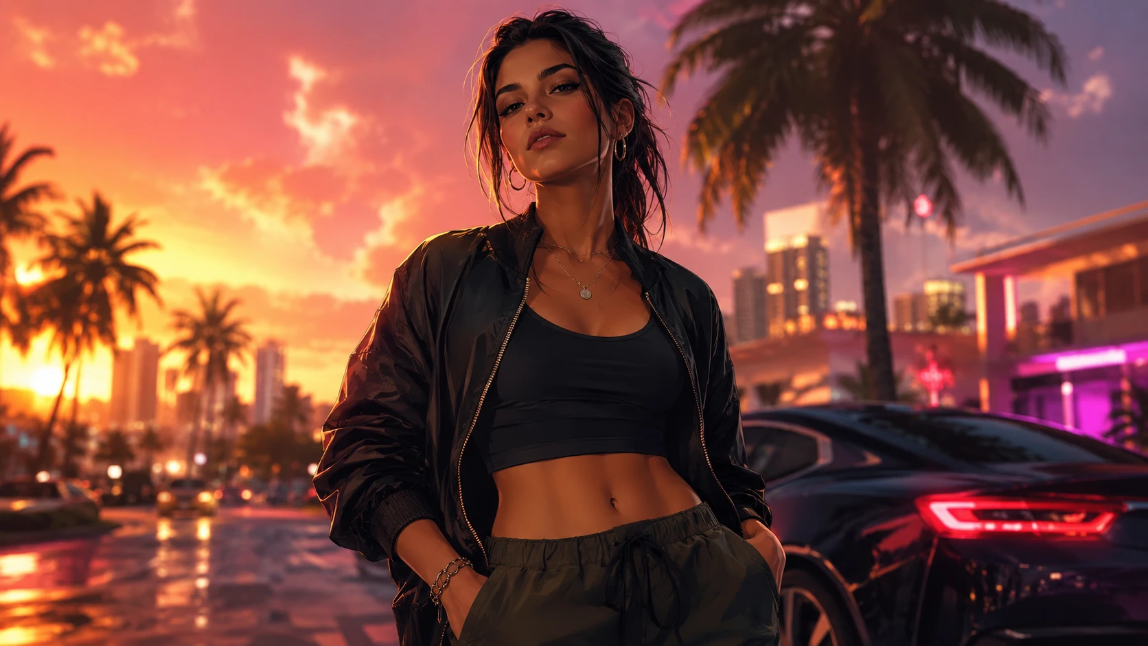 Ilustración decorativa de una protagonista en una ciudad tropical