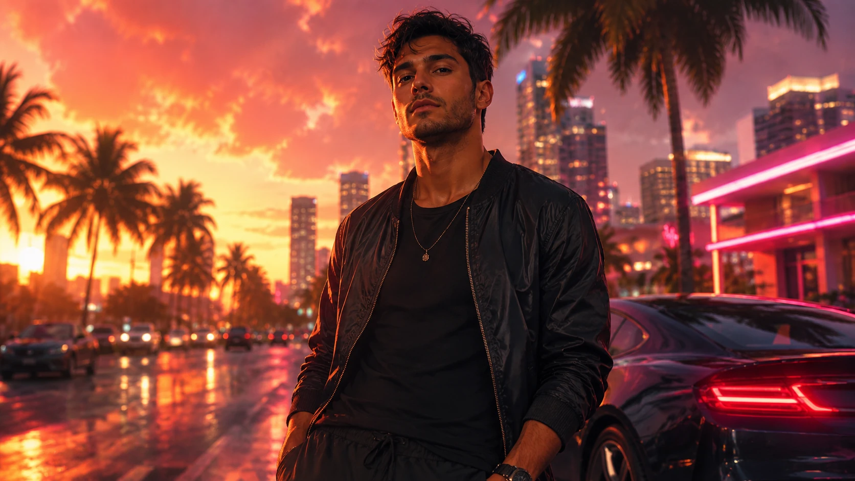 Ilustración decorativa de un personaje masculino en una ciudad tropical